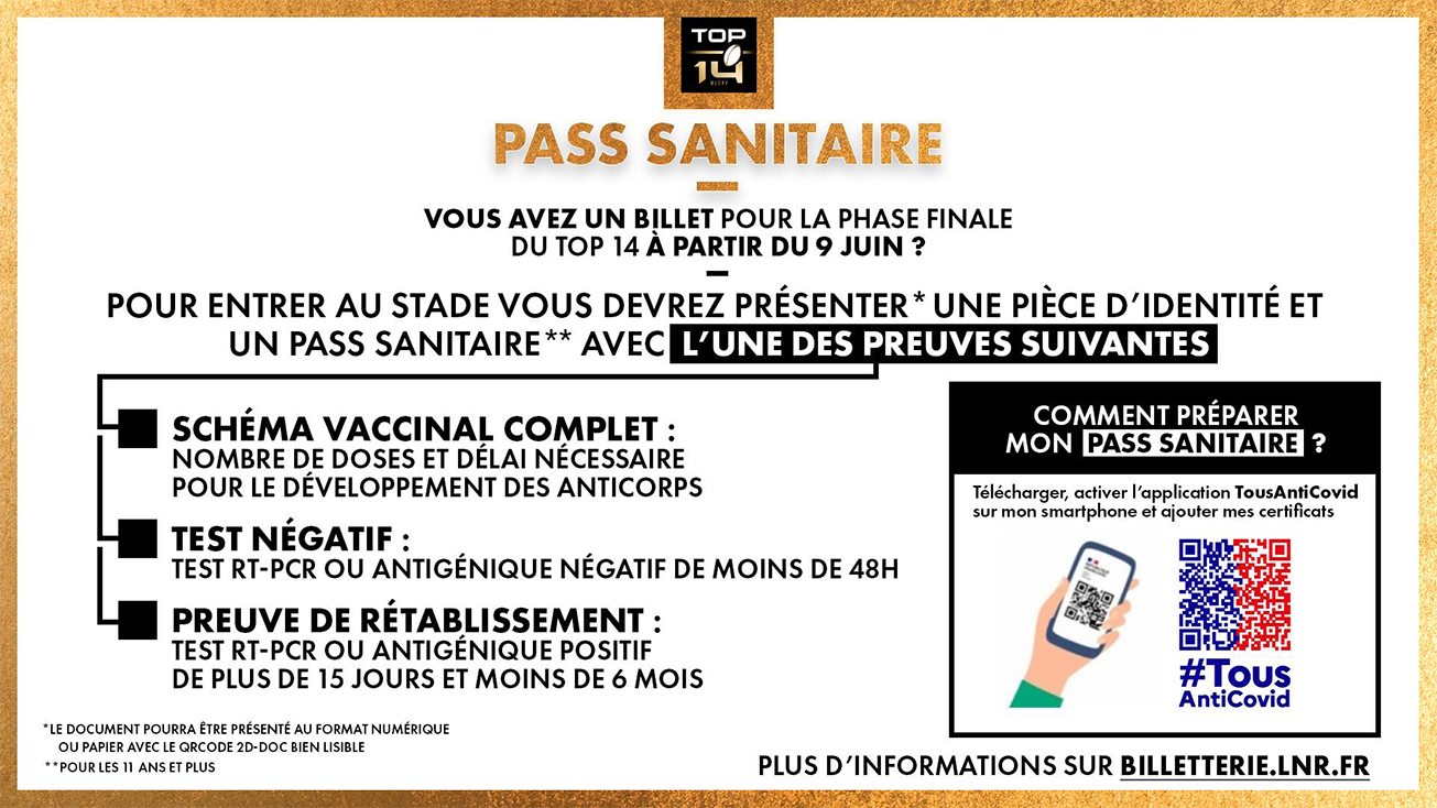FINALE TOP 14 | PASS SANITAIRE VALIDE OBLIGATOIRE POUR TOUS LES SPECTATEURS